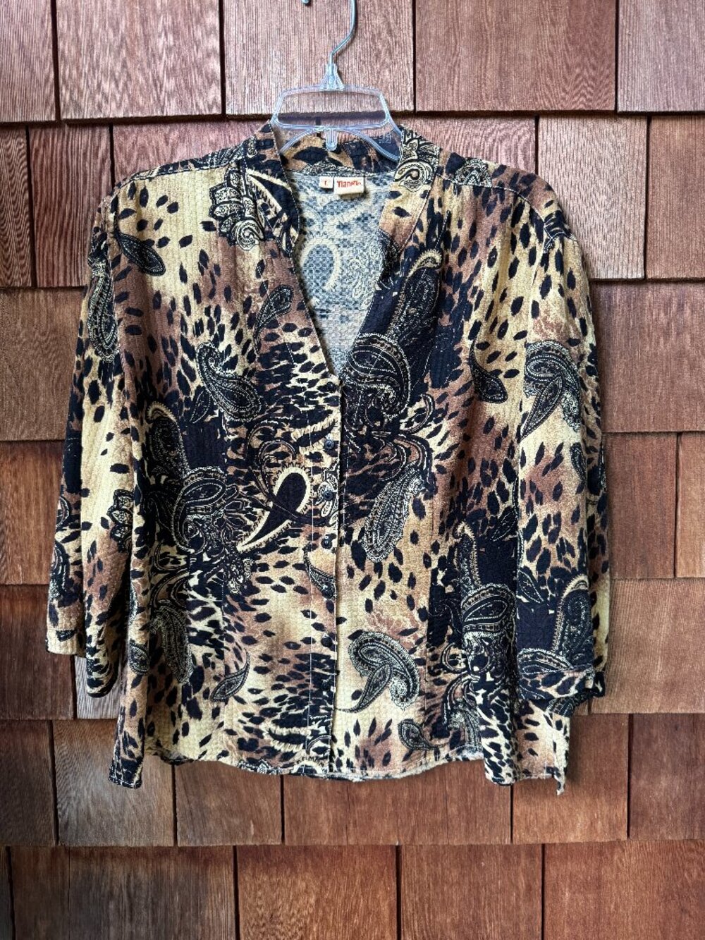 Tianello Vintage Tan Black Paisley Print Button Front Top in Women's Large